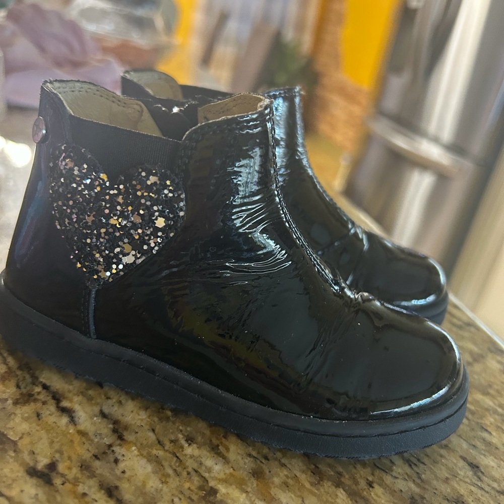 Kids Black Patent Ankle Boots with Glitter Heart Accent